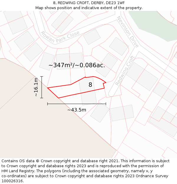 8, REDWING CROFT, DERBY, DE23 1WF: Plot and title map