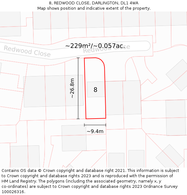 8, REDWOOD CLOSE, DARLINGTON, DL1 4WA: Plot and title map