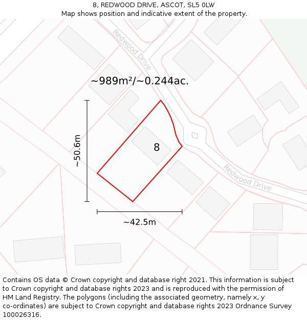 8, REDWOOD DRIVE, ASCOT, SL5 0LW: Plot and title map