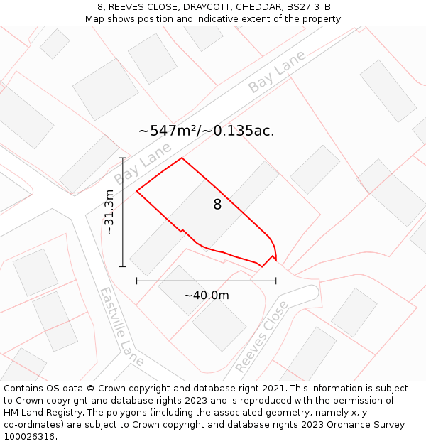 8, REEVES CLOSE, DRAYCOTT, CHEDDAR, BS27 3TB: Plot and title map