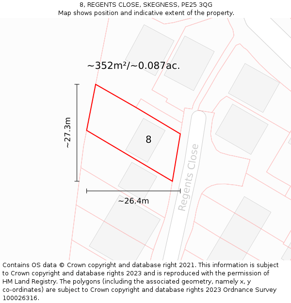 8, REGENTS CLOSE, SKEGNESS, PE25 3QG: Plot and title map