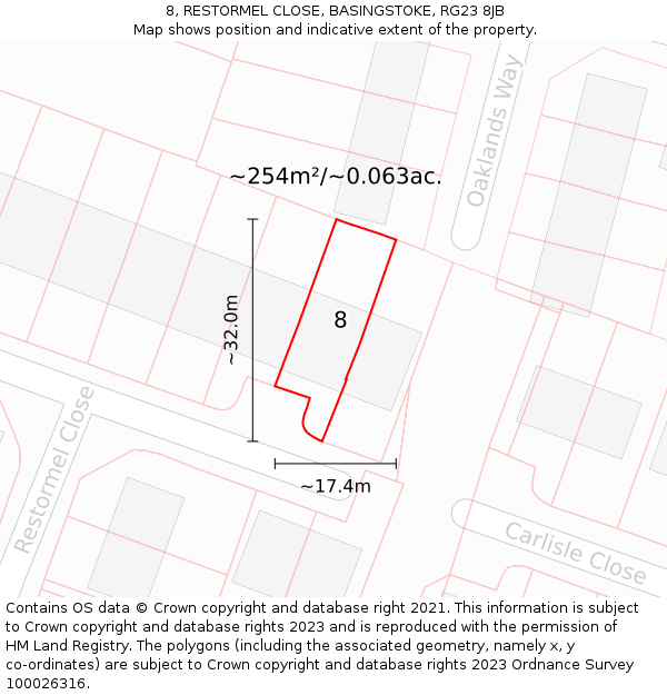 8, RESTORMEL CLOSE, BASINGSTOKE, RG23 8JB: Plot and title map