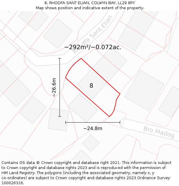 8, RHODFA SANT ELIAN, COLWYN BAY, LL29 8PY: Plot and title map