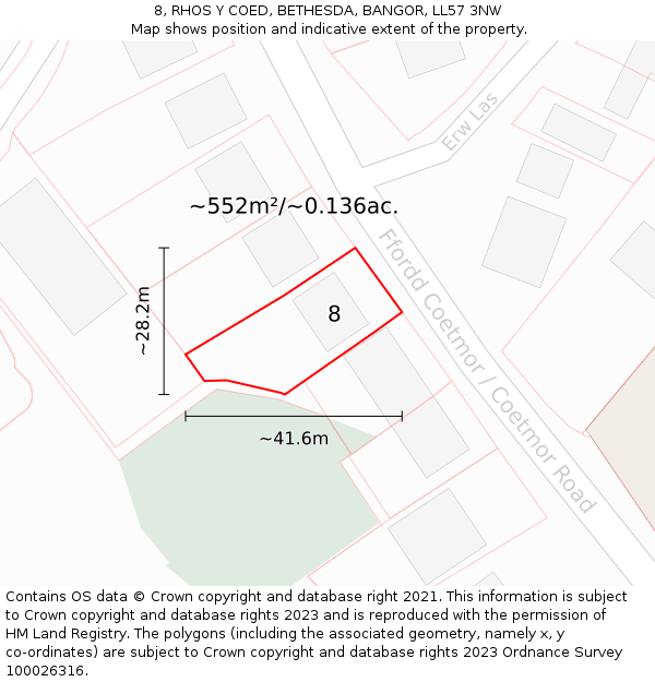 8, RHOS Y COED, BETHESDA, BANGOR, LL57 3NW: Plot and title map