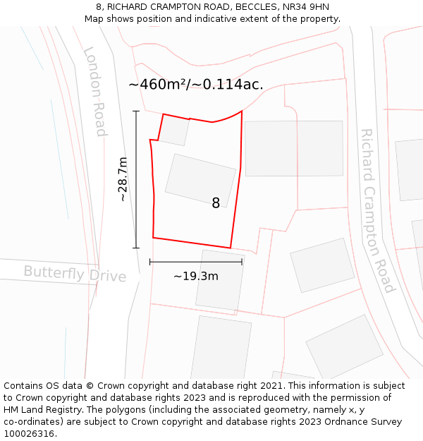 8, RICHARD CRAMPTON ROAD, BECCLES, NR34 9HN: Plot and title map