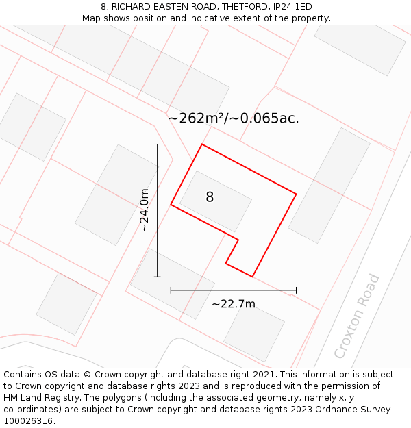 8, RICHARD EASTEN ROAD, THETFORD, IP24 1ED: Plot and title map