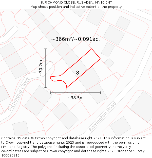 8, RICHMOND CLOSE, RUSHDEN, NN10 0NT: Plot and title map