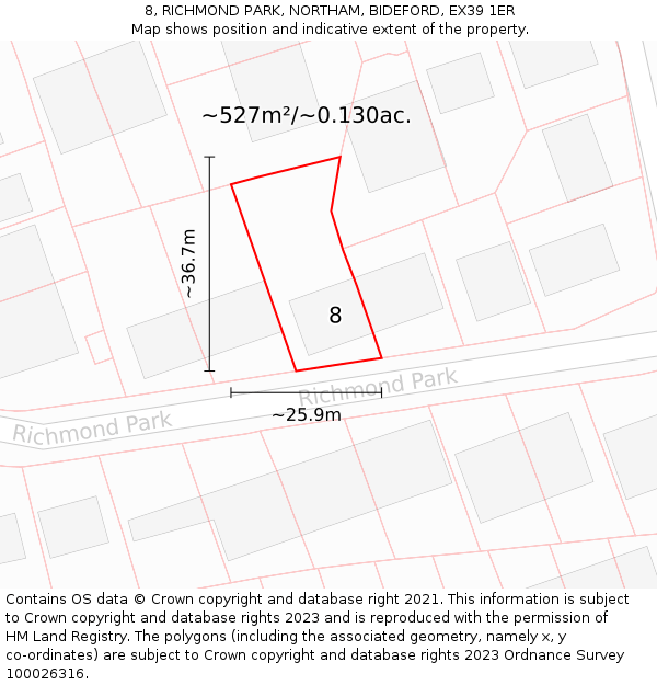 8, RICHMOND PARK, NORTHAM, BIDEFORD, EX39 1ER: Plot and title map