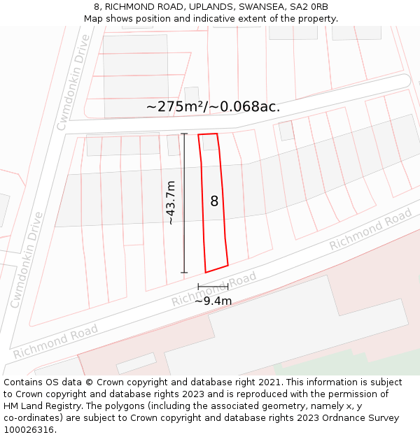8, RICHMOND ROAD, UPLANDS, SWANSEA, SA2 0RB: Plot and title map