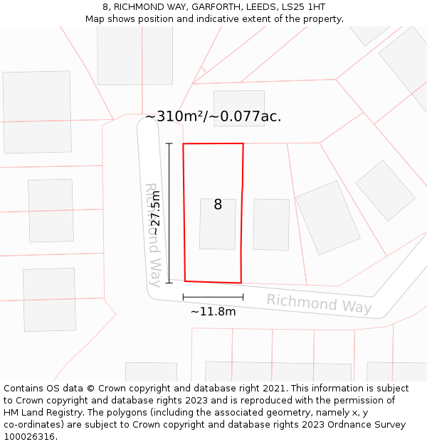 8, RICHMOND WAY, GARFORTH, LEEDS, LS25 1HT: Plot and title map