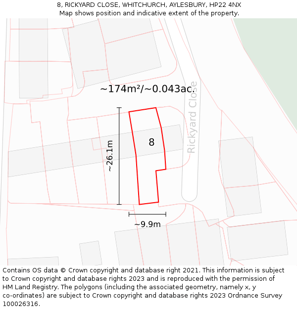 8, RICKYARD CLOSE, WHITCHURCH, AYLESBURY, HP22 4NX: Plot and title map