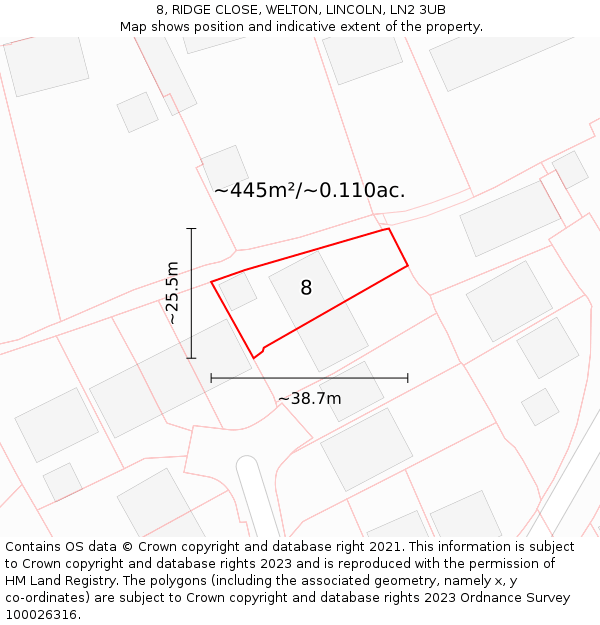 8, RIDGE CLOSE, WELTON, LINCOLN, LN2 3UB: Plot and title map