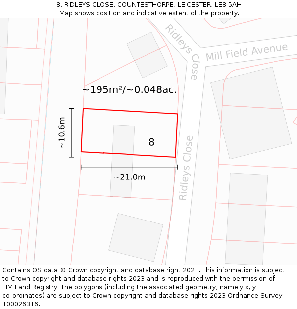 8, RIDLEYS CLOSE, COUNTESTHORPE, LEICESTER, LE8 5AH: Plot and title map