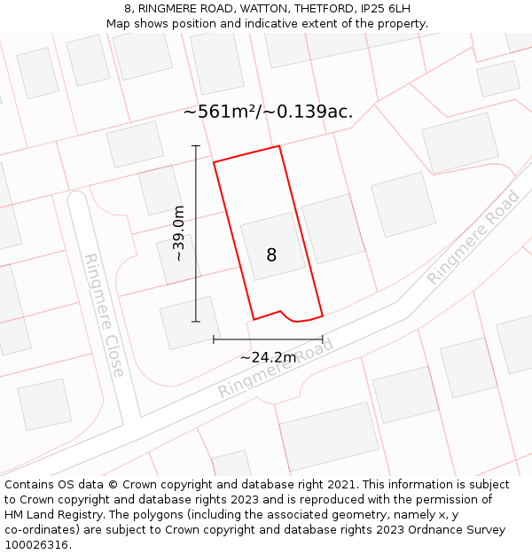 8, RINGMERE ROAD, WATTON, THETFORD, IP25 6LH: Plot and title map