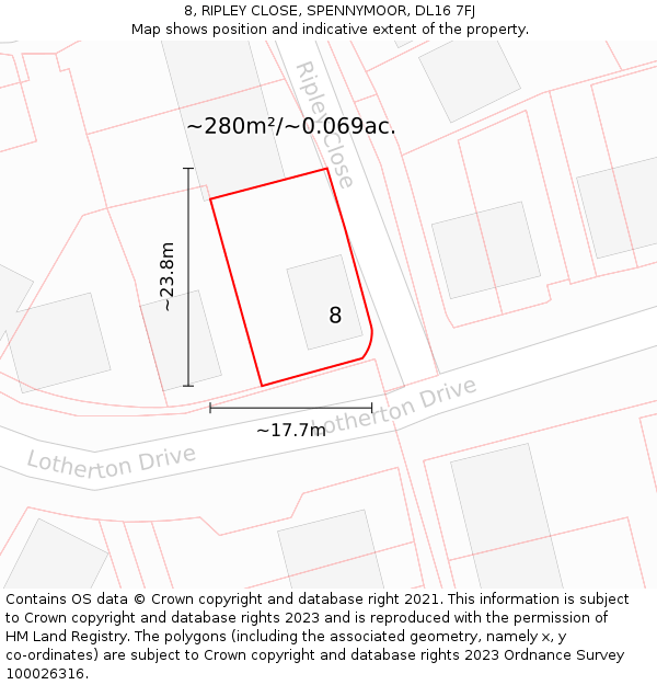 8, RIPLEY CLOSE, SPENNYMOOR, DL16 7FJ: Plot and title map