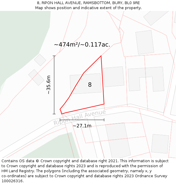 8, RIPON HALL AVENUE, RAMSBOTTOM, BURY, BL0 9RE: Plot and title map