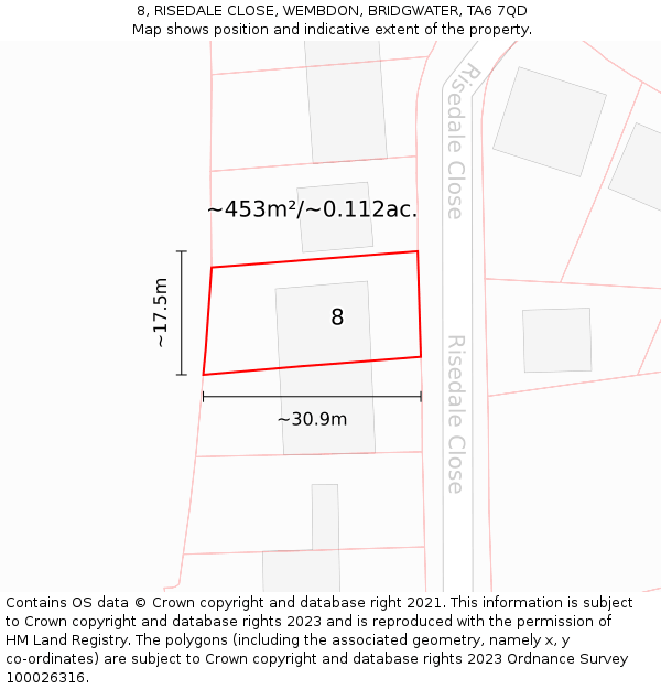 8, RISEDALE CLOSE, WEMBDON, BRIDGWATER, TA6 7QD: Plot and title map