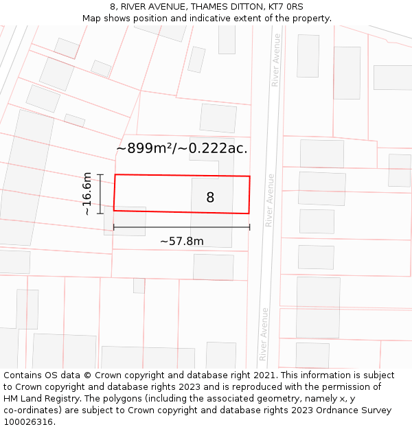 8, RIVER AVENUE, THAMES DITTON, KT7 0RS: Plot and title map