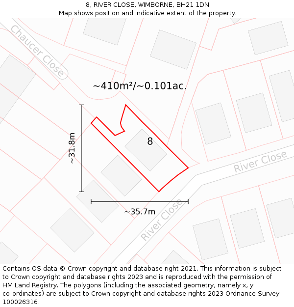 8, RIVER CLOSE, WIMBORNE, BH21 1DN: Plot and title map