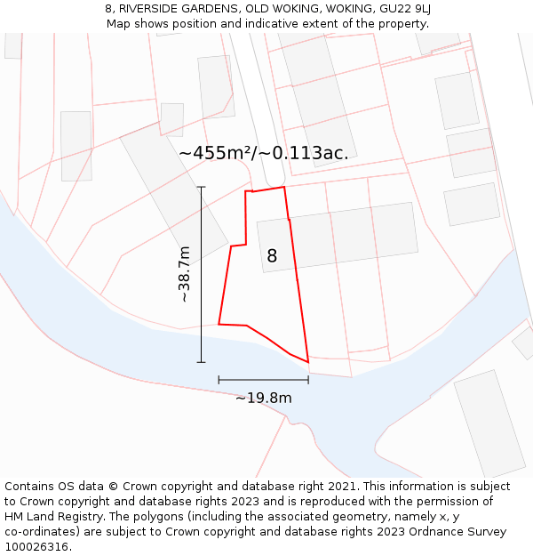 8, RIVERSIDE GARDENS, OLD WOKING, WOKING, GU22 9LJ: Plot and title map