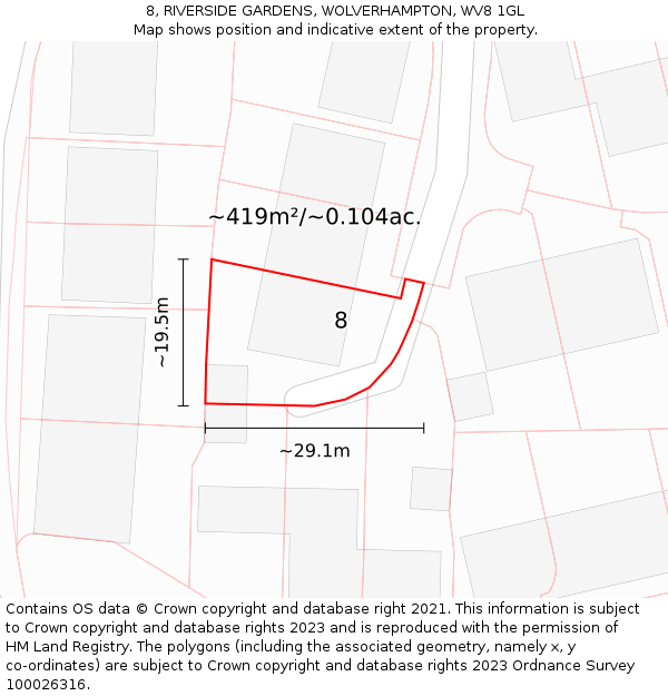 8, RIVERSIDE GARDENS, WOLVERHAMPTON, WV8 1GL: Plot and title map