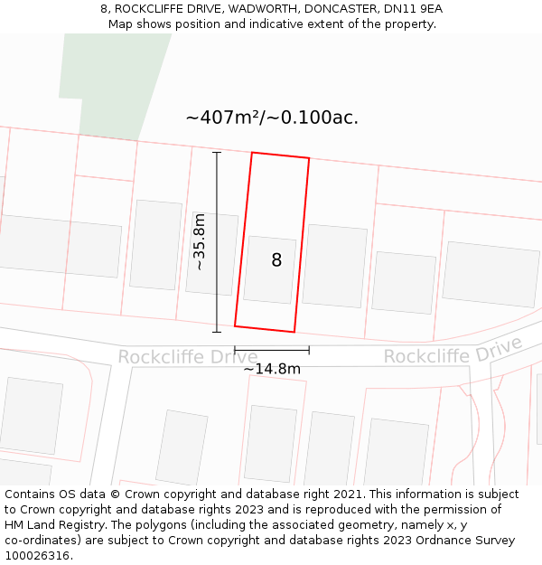 8, ROCKCLIFFE DRIVE, WADWORTH, DONCASTER, DN11 9EA: Plot and title map
