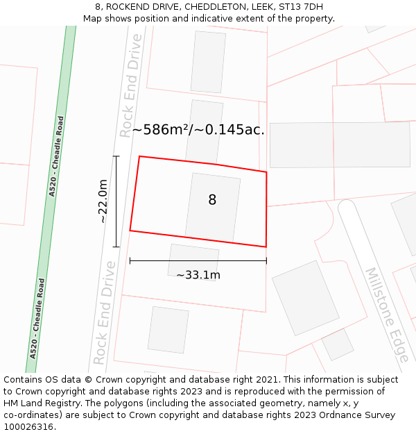 8, ROCKEND DRIVE, CHEDDLETON, LEEK, ST13 7DH: Plot and title map