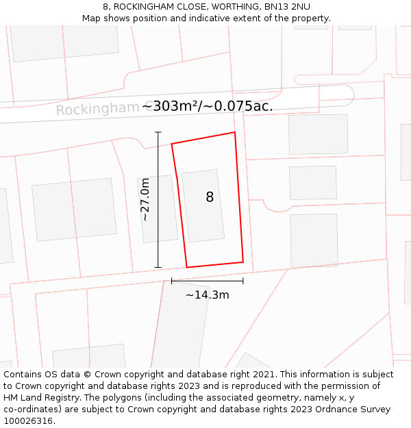8, ROCKINGHAM CLOSE, WORTHING, BN13 2NU: Plot and title map