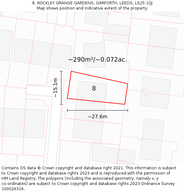 8, ROCKLEY GRANGE GARDENS, GARFORTH, LEEDS, LS25 1QJ: Plot and title map