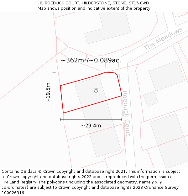 8, ROEBUCK COURT, HILDERSTONE, STONE, ST15 8WD: Plot and title map