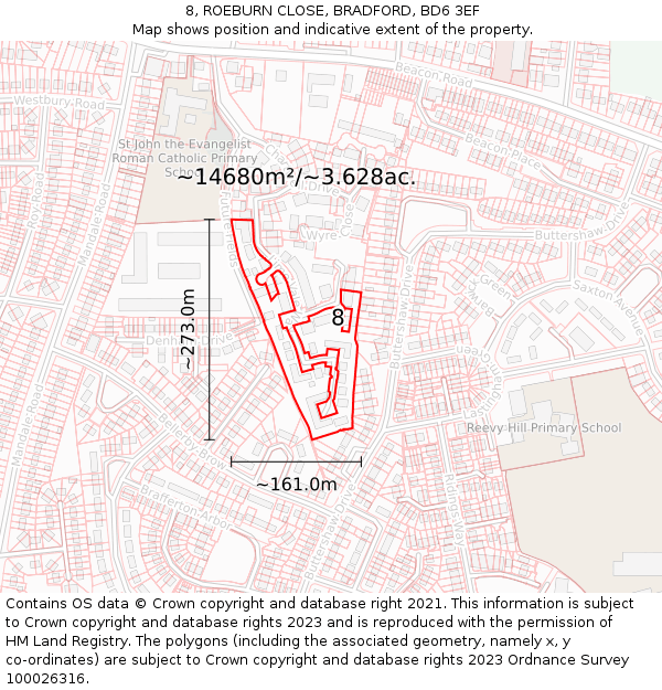 8, ROEBURN CLOSE, BRADFORD, BD6 3EF: Plot and title map