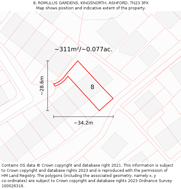 8, ROMULUS GARDENS, KINGSNORTH, ASHFORD, TN23 3PX: Plot and title map
