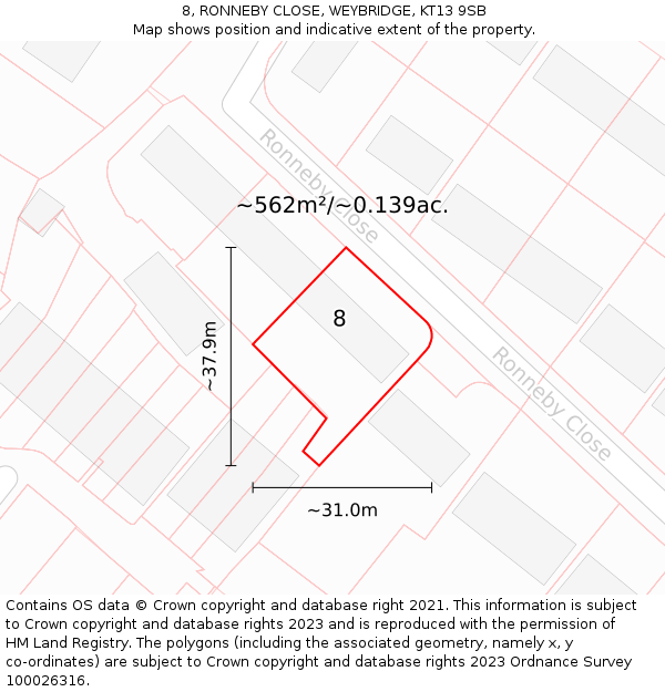 8, RONNEBY CLOSE, WEYBRIDGE, KT13 9SB: Plot and title map