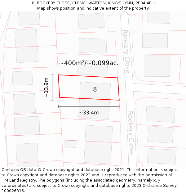 8, ROOKERY CLOSE, CLENCHWARTON, KING'S LYNN, PE34 4EH: Plot and title map