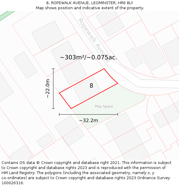 8, ROPEWALK AVENUE, LEOMINSTER, HR6 8LY: Plot and title map