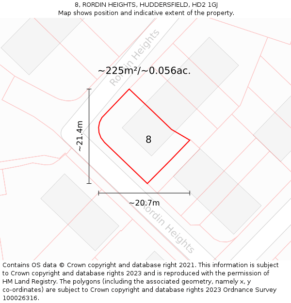 8, RORDIN HEIGHTS, HUDDERSFIELD, HD2 1GJ: Plot and title map