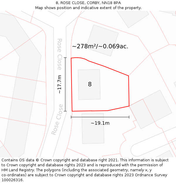 8, ROSE CLOSE, CORBY, NN18 8PA: Plot and title map