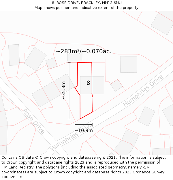 8, ROSE DRIVE, BRACKLEY, NN13 6NU: Plot and title map