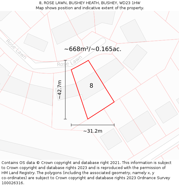 8, ROSE LAWN, BUSHEY HEATH, BUSHEY, WD23 1HW: Plot and title map