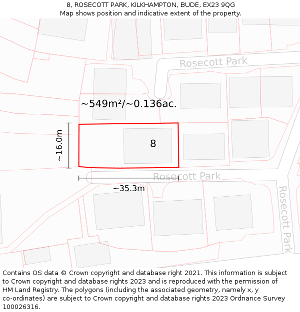 8, ROSECOTT PARK, KILKHAMPTON, BUDE, EX23 9QG: Plot and title map