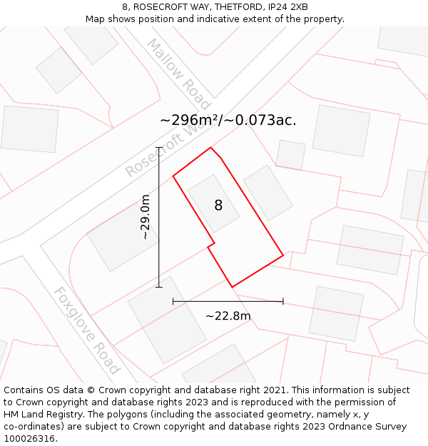 8, ROSECROFT WAY, THETFORD, IP24 2XB: Plot and title map