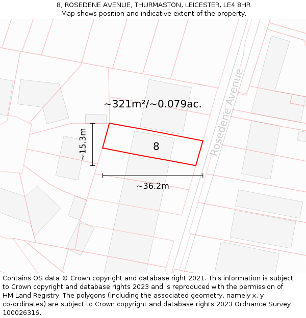 8, ROSEDENE AVENUE, THURMASTON, LEICESTER, LE4 8HR: Plot and title map