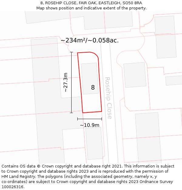 8, ROSEHIP CLOSE, FAIR OAK, EASTLEIGH, SO50 8RA: Plot and title map