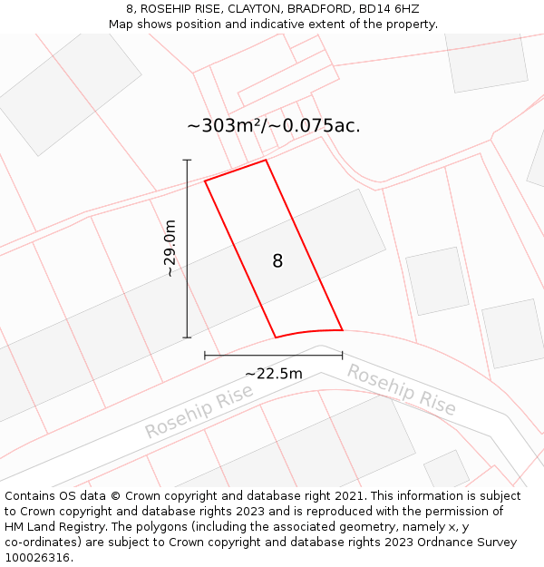 8, ROSEHIP RISE, CLAYTON, BRADFORD, BD14 6HZ: Plot and title map