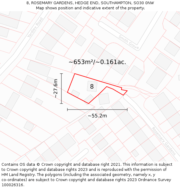8, ROSEMARY GARDENS, HEDGE END, SOUTHAMPTON, SO30 0NW: Plot and title map