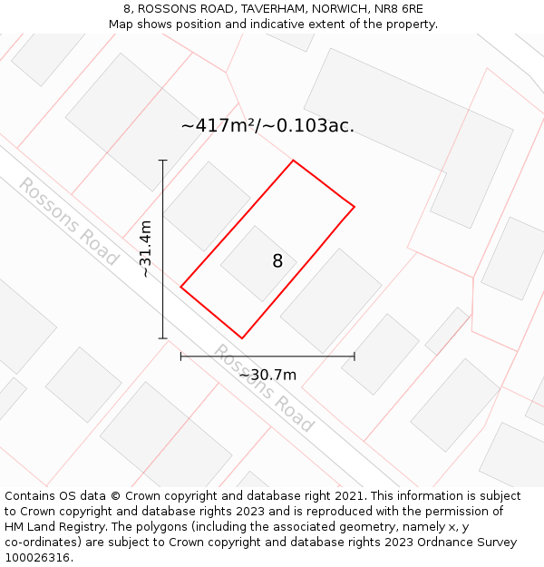8, ROSSONS ROAD, TAVERHAM, NORWICH, NR8 6RE: Plot and title map