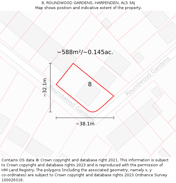 8, ROUNDWOOD GARDENS, HARPENDEN, AL5 3AJ: Plot and title map