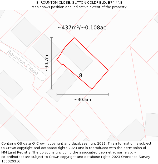 8, ROUNTON CLOSE, SUTTON COLDFIELD, B74 4NE: Plot and title map