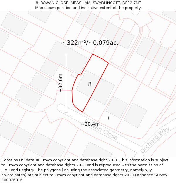 8, ROWAN CLOSE, MEASHAM, SWADLINCOTE, DE12 7NE: Plot and title map
