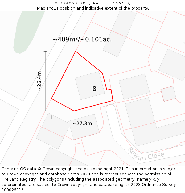 8, ROWAN CLOSE, RAYLEIGH, SS6 9GQ: Plot and title map